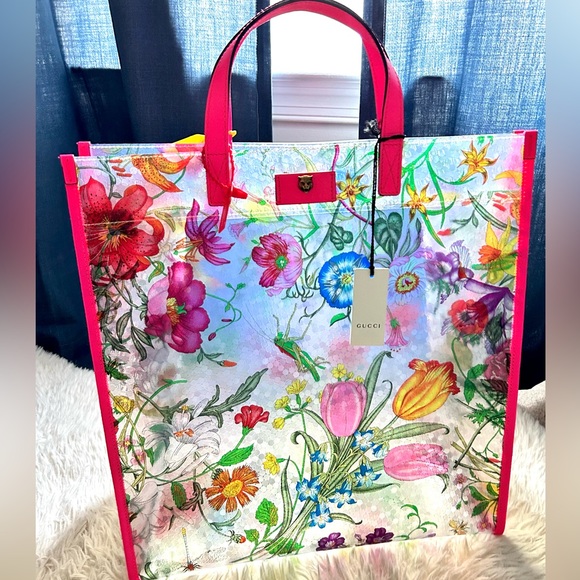 GUCCI Textured Vinyl Flora Printed Tote Bag w/ pink Leather Straps - Picture 3 of 9
